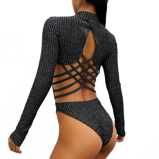 Image Title Glittery Backless Silver Striped Bodysuit Silver Back